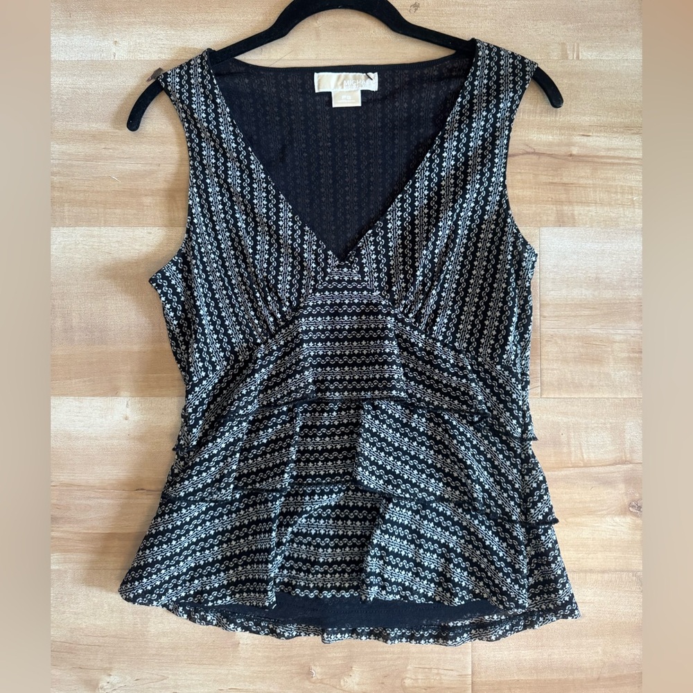 Vintage Michael Kors V-Neck Geo Print Ruffle Sleeveless Blouse / Tank Top Cami